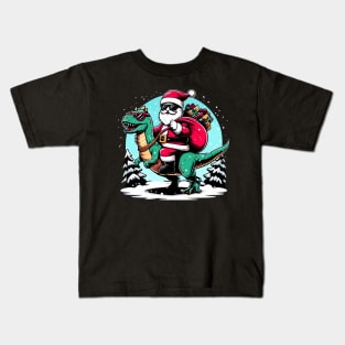 Funny Santa riding a Dinosaur with a bag of presents Kids T-Shirt